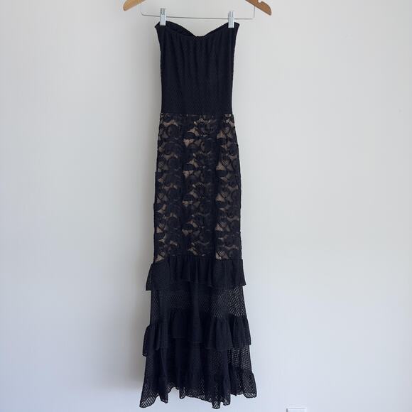 Nightcap Clothing Dress Womens Small Black Lace Tiered Maxi Cutout Bow Strapless - Picture 9 of 9